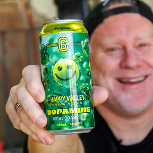 Happy Valley Brewing's dopamine IPA with Carbon 6 showcased in a can, a West Coast IPA with vibrant design.