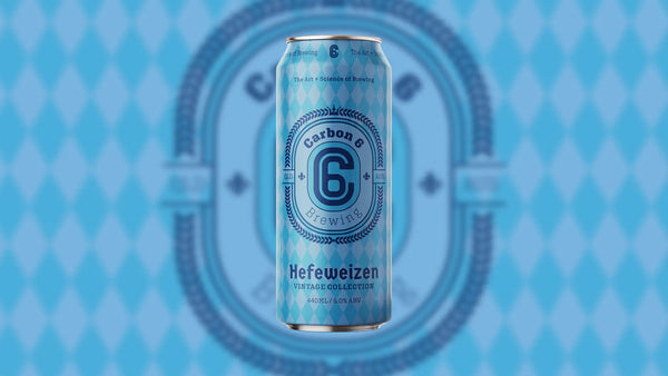 Vintage brewing with Carbon 6 Hefeweizen can design showcasing the unique style and flavor.