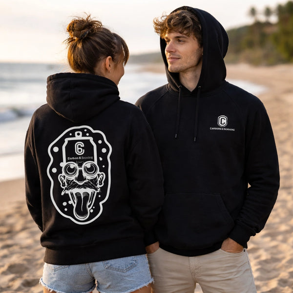 Carbon 6 Can Head Brewer Fleece Hoodie worn by couple on beach, showcasing unique design and premium fit.