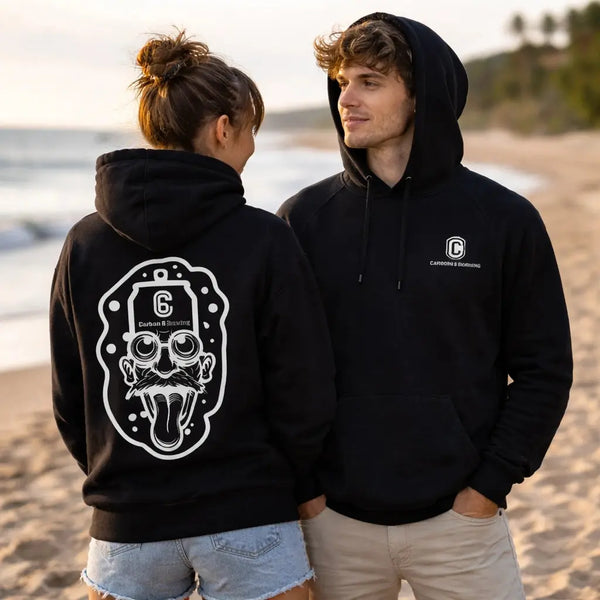Carbon 6 Can Head Brewer Fleece Hoodie worn by couple on beach, showcasing unique design and premium fit.