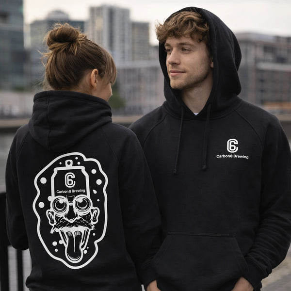Carbon 6 Can Head Brewer Fleece Hoodie worn by a male and female model, showcasing the unique design.
