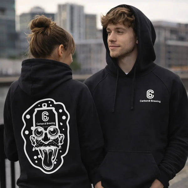 Carbon 6 Can Head Brewer Fleece Hoodie worn by a male and female model, showcasing the unique design.
