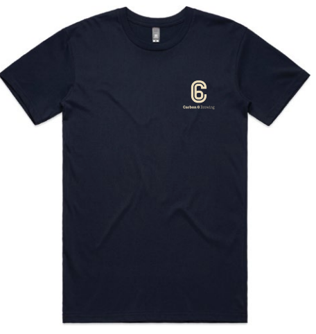 Navy t-shirt front with gold logo