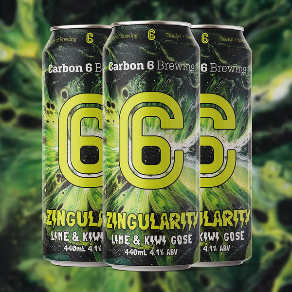 Zingularity Lime Kiwi Gose cans featuring vibrant design, showcasing Carbon 6 Brewing logo and details about the craft beer.