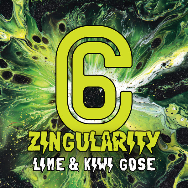 Zingularity Lime Kiwi Gose beer label featuring vibrant green and black design with energetic typography.