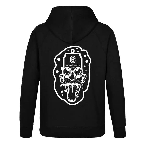Back view of the Carbon 6 Can Head Brewer Fleece Hoodie featuring a unique graphic design.
