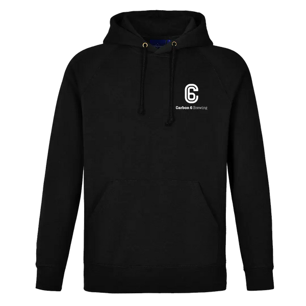 Carbon 6 Can Head Brewer Fleece Hoodie in black with Carbon 6 Brewing logo, featuring a kangaroo pocket and adjustable hood.