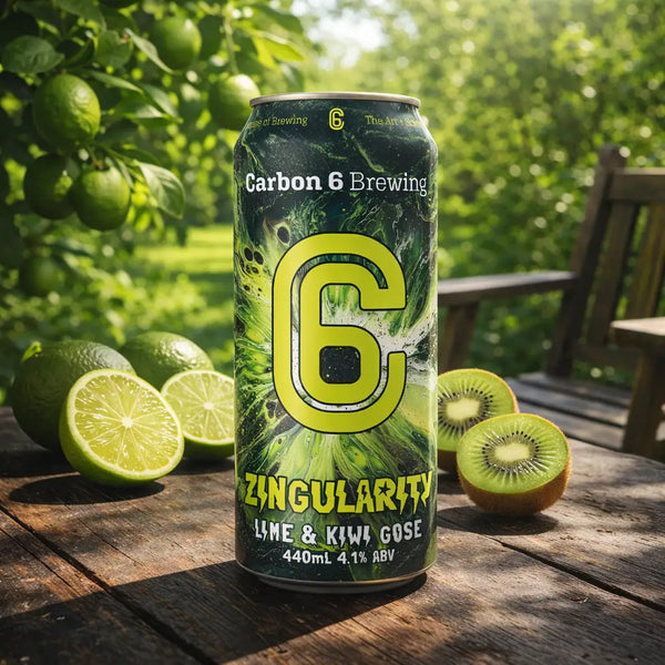 Zingularity Lime Kiwi Gose can surrounded by limes and kiwis, showcasing Carbon 6 Brewing's new flavorful beer.