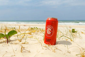 Carbon Six Brewing craft beer guide displayed with a Carbon Dry can on the beach.