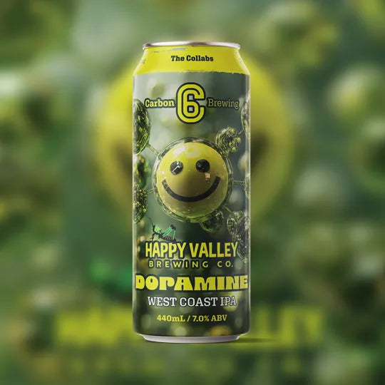 Happy Valley Brewing Dopamine West Coast IPA can featuring vibrant design and bold branding.