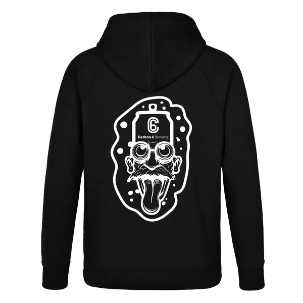 Back view of the Carbon 6 Can Head Brewer Fleece Hoodie featuring a unique graphic design.